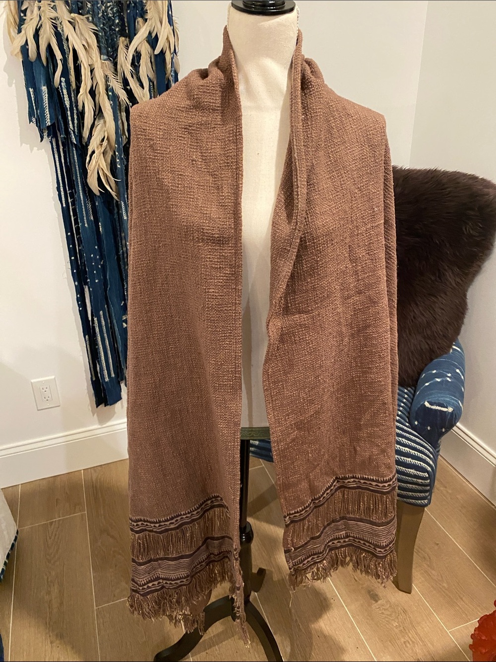 Rust Brown Fringe Knit Wrap Scarf